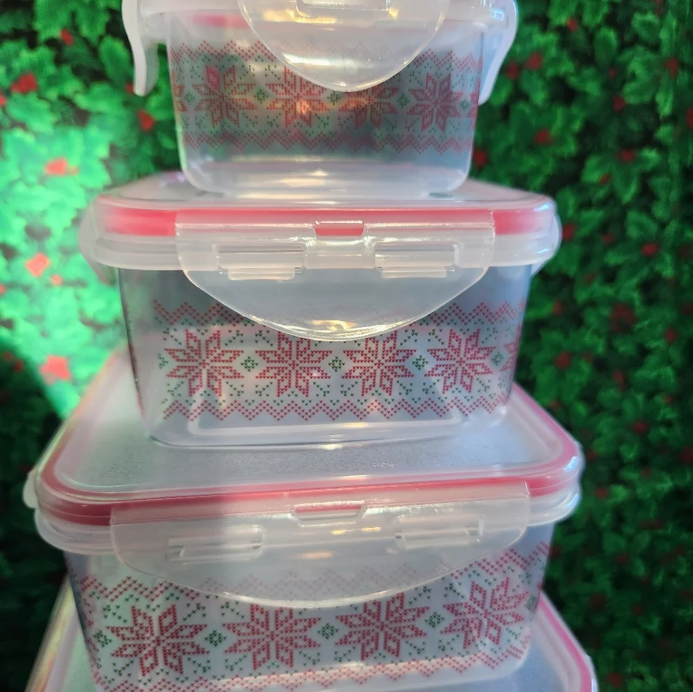 Christmas food storage containers Snap Lid ugly sweater snowflakes new